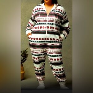 Fabletics Women Sleepwear 3x White Fair Isle One Piece Hooded Cozy Fleece NWT